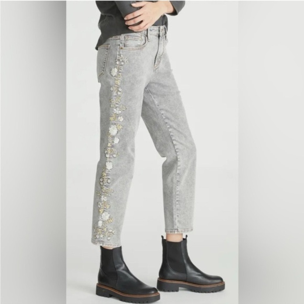 Driftwood Royce High Waist Floral-Embroidered Grey Wash Jeans. Sz 25 Women 
#214